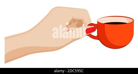 female hand gently holds ceramic cup with tea, coffee. Woman is drinking tea from mug. Warming drink in winter season. Cartoon vector Stock Vector