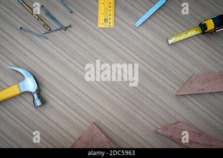 Set of hand tools for the toolset with the do it yourself (DIY)on wooden board Stock Photo