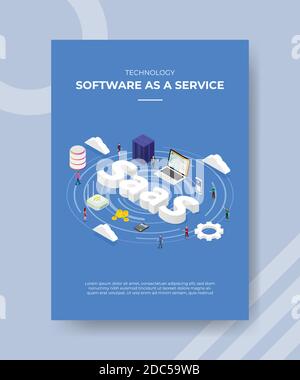 technology software as a service people standing laptop server router cloud SaaS text for template of banner and flyer for printing magazine cover Stock Vector