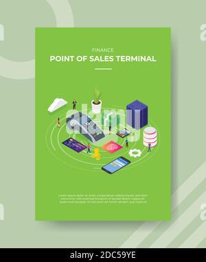 finance point of sales terminal people standing around nfc cardbank money smartphone server for template of banner flyer for printing magazine cover Stock Vector