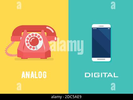 Retro telephone in analog age and smartphone in digital age. Vector illustration Stock Vector