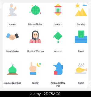 Ramadan Kareem color full flat style icon set design, Ramadan, Islamic Muslim religion and traditional theme Vector illustration. Stock Photo