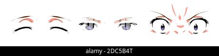 Beautiful vector cartoon emotional eyes. Joy. Anger. Calmness. Anime girl in japanese. Anime style, drawn vector illustration. Sketch.  Stock Vector