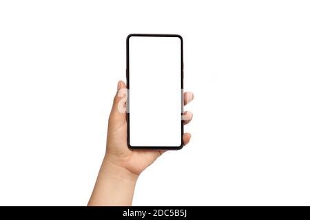 Man hand holding a black smartphone and white screen isolated on white background.clipping path Stock Photo
