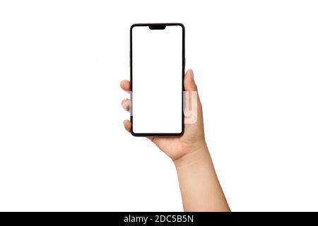 Man hand holding a black smartphone and white screen isolated on white background.clipping path Stock Photo