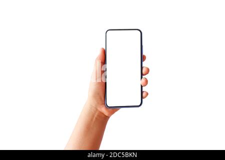 Woman hand holding modern cell phone and white screen isolated on white background. Stock Photo