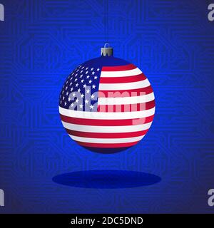 Christmas ball with the flag of the USA - the great IT country, against the background of the circuit board. Vector illustration Stock Vector