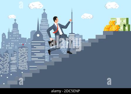 Businessman climbs up ladder to money. Goal setting. Smart goal. Business target. Achievement and success. Concept of success career growth. Achievement and goal. Flat vector illustration Stock Vector