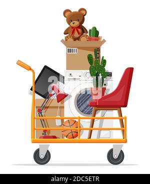 Hand truck and package for transportation. Moving to new house. Family relocated to new home. Paper cardboard boxes with various household thing. Vector illustration in flat style Stock Vector