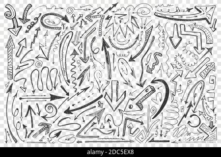 Arrows doodle set. Collection of different shape round twisted hand drawn arrowhead computer cursors pointers on transparent background. Navigation symbol vector abstract illustration. Stock Vector