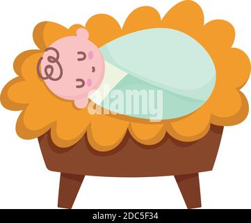 nativity, baby jesus on the crib manger cartoon vector illustration Stock Vector