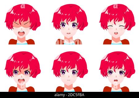Set of Vector Cartoon Anime Style Expressions. Kawaii Cute Faces. Different Eyes, Mouth, Eyebrows. Joy. Anger. Calmness. Anime girl in japanese. Anime Stock Vector