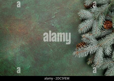 Christmas greeting card with fir tree and pine cones on stone background and copy space for your xmas greetings. Top view flat lay Stock Photo