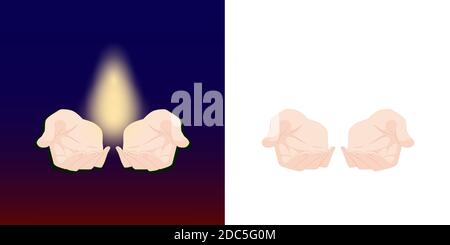 ector hands are holding bright glow light. Colored and white background. Sketch.  Stock Vector