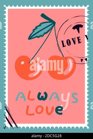 romantic postage stamps. envelopes and cards for valentine's day. Top-down view. Modern vector illustration for web design and print. Retro stamps. Co Stock Vector