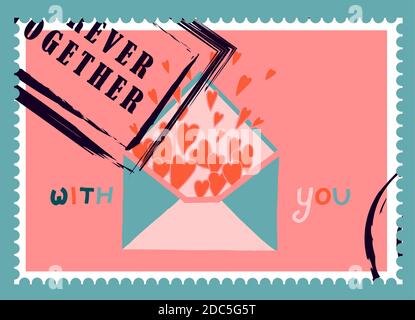 romantic postage stamps. envelopes and cards for valentine's day. Top-down view. Modern vector illustration for web design and print. Retro stamps. Co Stock Vector