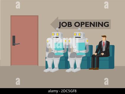 Robots and human going for job opening. Depicts future job market and artificial intelligence. Concept of Human vs Robot. Isolated vector cartoon illu Stock Vector