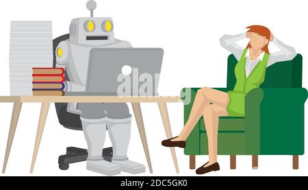 Robot helping female office worker doing her job so she can have a rest. Depicts the positive of artificial intelligence. Isolated vector cartoon illu Stock Vector