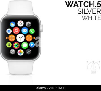Smart watch with white bracelet realistic vector illustration. Modern iwatch, portable gadget 3d isolated design element. Minimalistic smartwatch with applications icons on screen mock up Stock Vector
