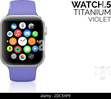 Smart watch with violet strap realistic vector illustration. Modern iwatch design. Portable gadget 3d isolated on white background. Smartwatch with applications icons on screen mock up Stock Vector