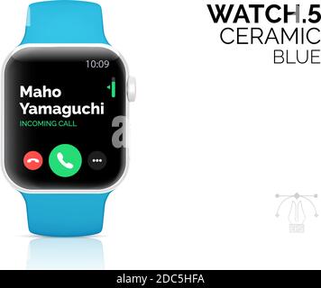 Smart watch with blue bracelet realistic vector illustration. Modern wristwatch mock up. Portable gadget. Iwatch 3d isolated design element. Smartwatch income call, Internet connection Stock Vector