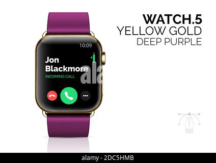 Smart watch with deep purple bracelet realistic vector illustration. Modern iwatch, portable gadget 3d isolated design element. Smartwatch income call, Internet connection and communication Stock Vector