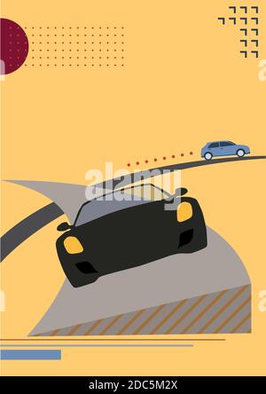 Car racing on the road. Vector vertical poster background in retro style Stock Vector