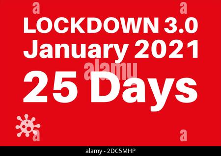 Lockdown 3.0 January 2021 25 days to combat rise in Covid-19 with virus logo on a red background Stock Vector