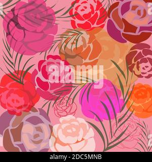 Multilayer floral pattern with colored flowers and branches on pink background Stock Vector