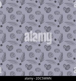Seamless pattern with cones and branches on blue and grey background Stock Vector