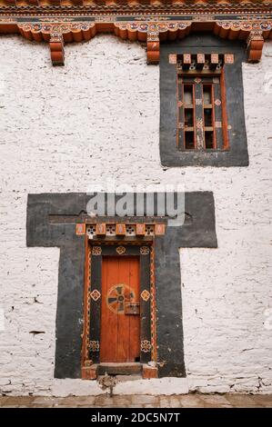 Trongsa, Bhutan, 06 Nov 2011: Interesting unique architecture details in Trong sa Dzong. Stock Photo