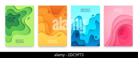 Paper cut banner. Abstract geometric 3d shapes with gradient. Cutout waveform layers for flyers, covers and posters. Carving art vector set Stock Vector