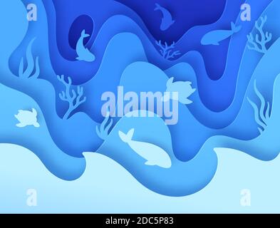 Sea life paper cut. Undersea world with reefs, corals, fish and animal silhouette. Ocean deep wildlife in 3d paper art style, vector concept Stock Vector