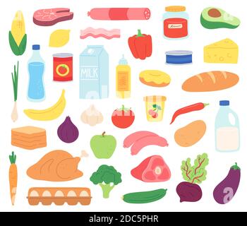 Food products. Natural meat, dairy, organic fruits and vegetables, desserts and bread. Supermarket goods in package and can, flat vector set Stock Vector