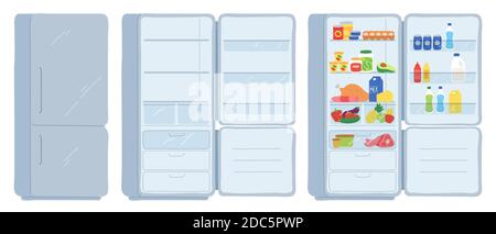 Open refrigerator. Closed, empty and full of food fridge. Cool shelves with meat, dairy, drinks and cans. Cartoon kitchen freezer vector set Stock Vector
