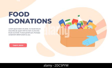 Food donation. Volunteers hands in gloves holding box with grocery and products. Charity food drive for poor homeless people vector concept Stock Vector