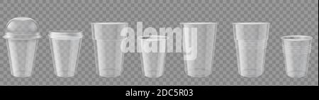 Plastic cup. Realistic transparent disposable cups with cap. Empty drink containers mockup. Packages for coffee or cold beverage vector set Stock Vector
