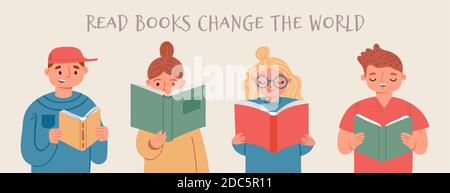 Kids read books and learn. Happy reading people, girls and boys with book. Cartoon banner for library, bookstore or school, vector concept Stock Vector