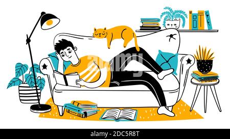 Man reading book on couch. Relaxed adult reads on sofa with cat at home. Hand drawn reader enjoying hobby. Leisure lifestyle vector concept Stock Vector