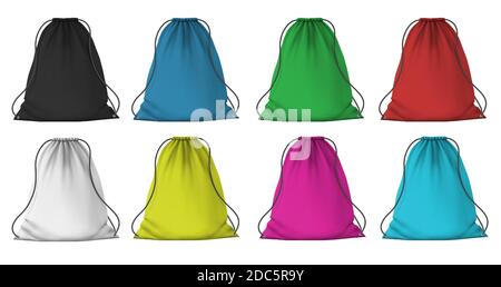 Color sport backpack mockup. Realistic cloth packs with ropes for clothes. Fabric red, blue, pink and green drawstring bags, 3D vector set Stock Vector
