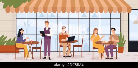 People in outdoor cafe. Restaurant street patio with sitting man and woman with lunch and coffee. Summer bistro outside scene vector concept Stock Vector