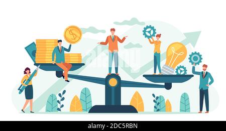 Money and idea balance. Investor compare business ideas and finance on scales. Buying creative project or startup, tiny human vector concept Stock Vector