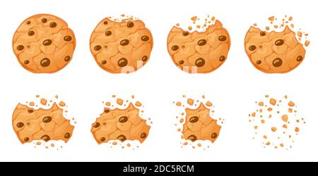 Bitten chocolate chip cookie. Crunch homemade brown biscuits broken with crumbs. Cartoon baked round choco cookies bite animation vector set Stock Vector