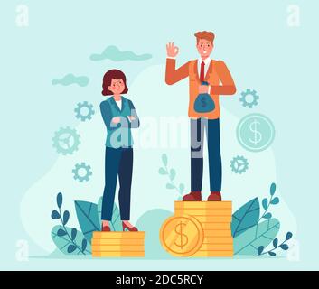 Gender salary gap. Business man and woman standing on unequal money stacks. Female discrimination. Inequality in job payment vector concept Stock Vector