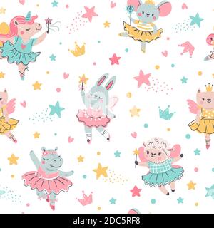 Ballerina animal seamless pattern. Hand drawn baby bunny, unicorn, mouse in ballet tutu. Girls birthday, baby shower, t-shirt vector print Stock Vector
