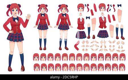 Anime girls character kit. Cartoon school girl uniform in japanese style. Kawaii manga student poses, faces, emotions and hands vector set Stock Vector