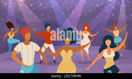 People dance floor. Happy women and men dancing on disco party. Cartoon dancers in nightclub concert. Music fun night in club vector concept Stock Vector