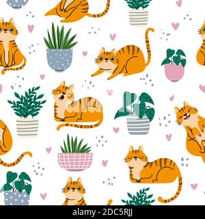 Cat seamless pattern. Red cats and plants in pots repeated wallpaper in scandinavian style. Cartoon funny kittens print, vector background Stock Vector