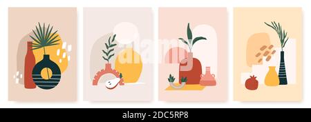 Abstract posters with vases. Trendy still life collage with pot, fruit, vase and tropical palm leaf. Hand drawn minimalist shape vector set Stock Vector