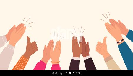 Human hands clapping. People crowd applaud to congratulate success job. Hand thumbs up. Business team cheering and ovation vector concept Stock Vector
